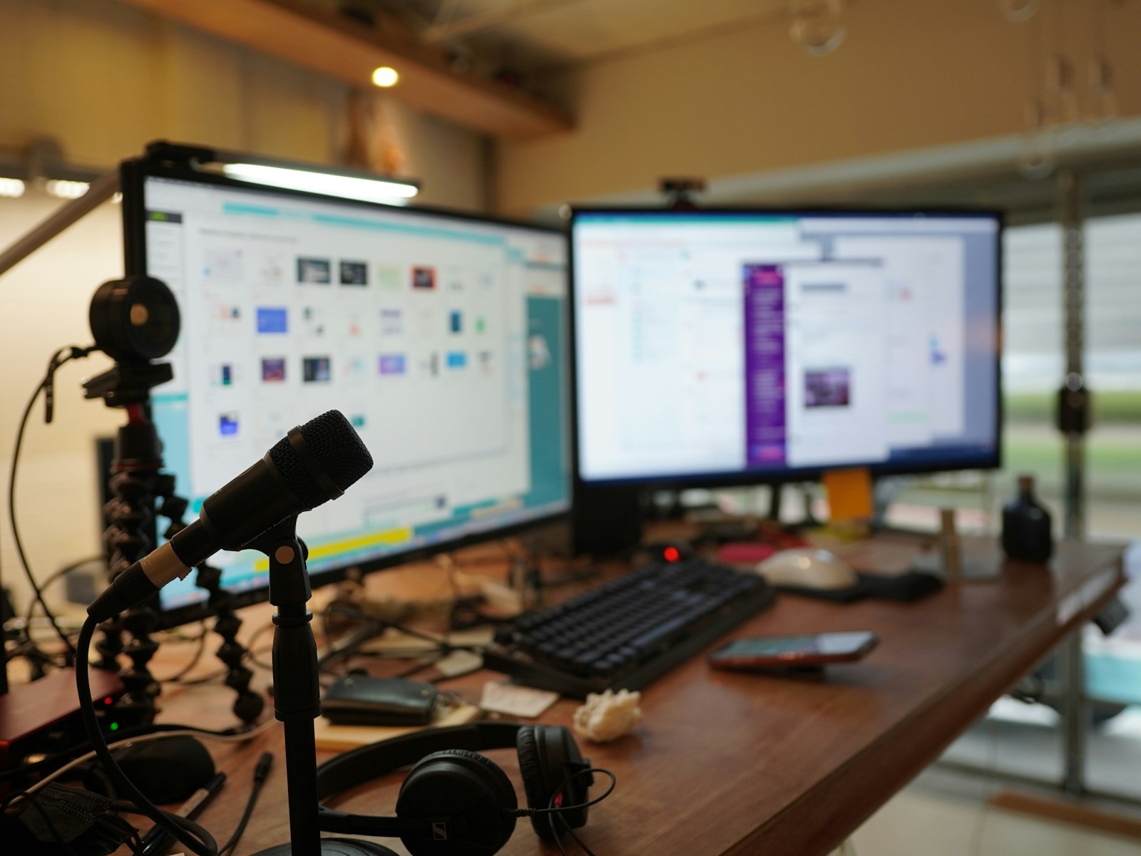 Editorial newsroom desk and media production workspace